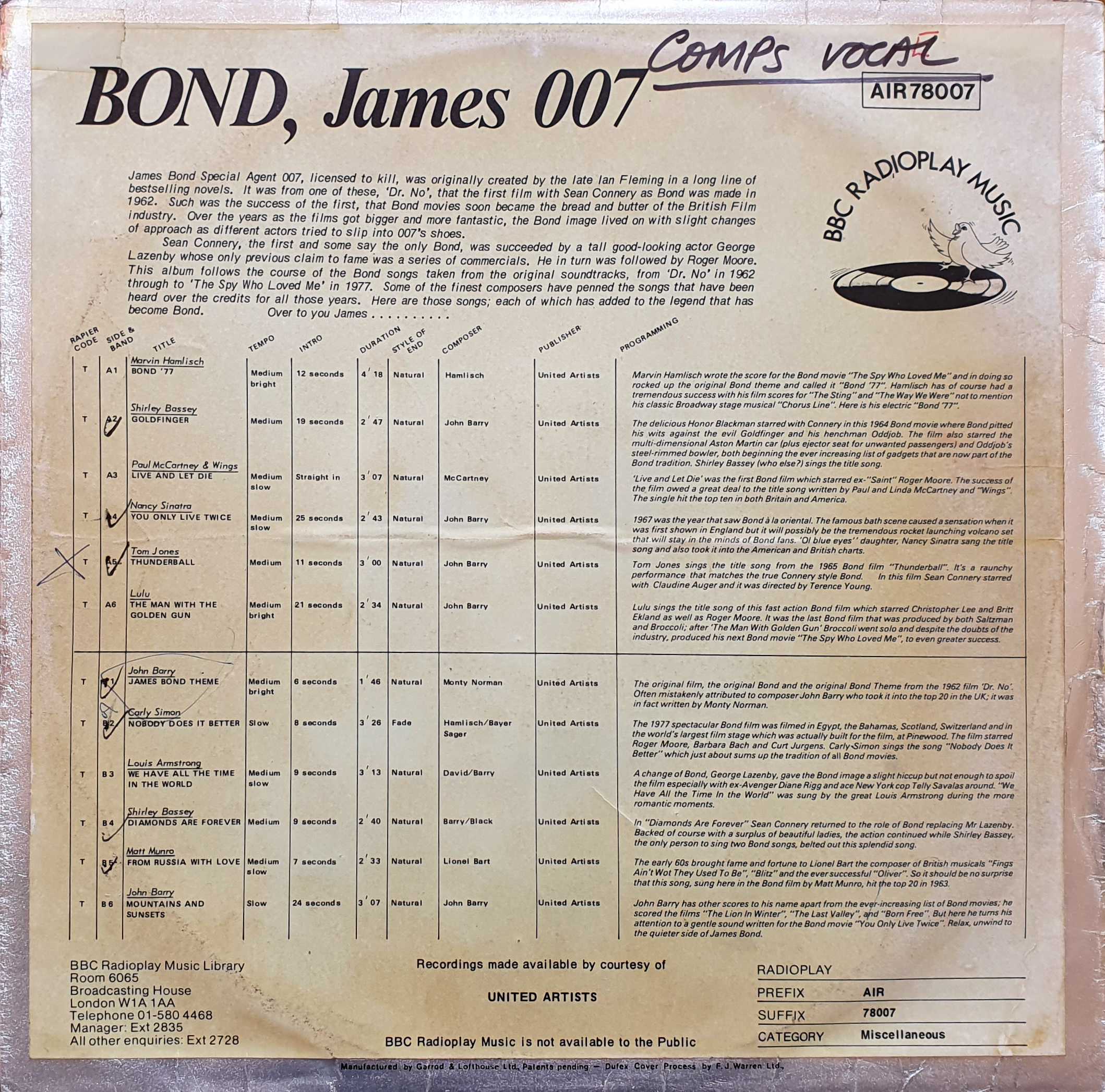 Picture of AIR 78007 Bond, James 007 by artist Various from the BBC records and Tapes library